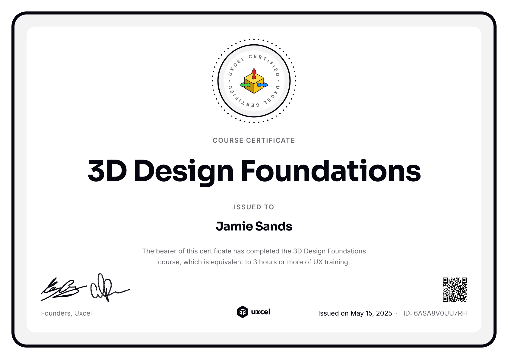 Jamie Sands's certificate